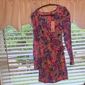 Lilly Pulitzer Pink, Purple & Yellow Floral Wrap Long Sleeve Dress